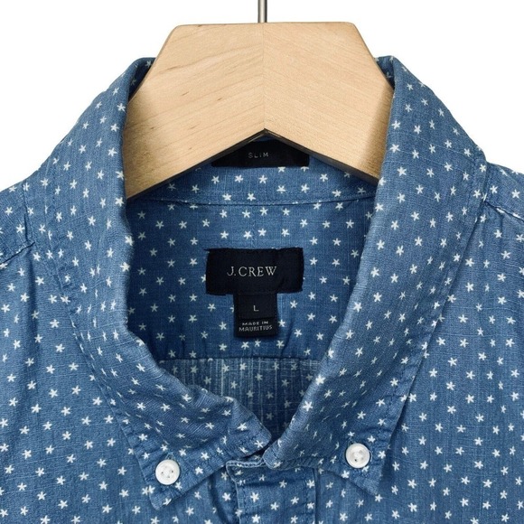 J Crew Slim Fit Blue Star Print Long Sleeve Button Down Shirt Mens Size Large - Picture 2 of 7